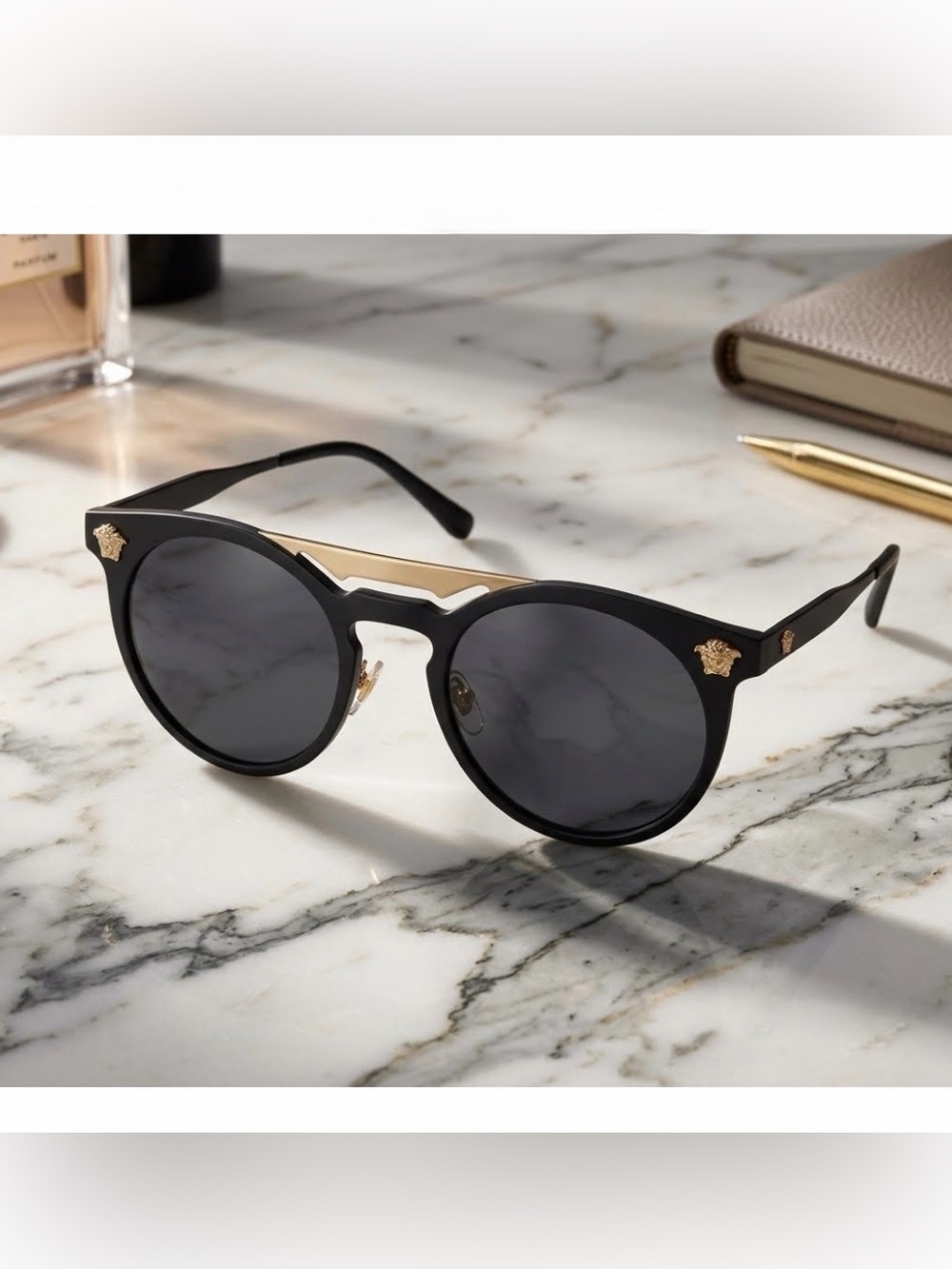 Authentic Versace Unisex Round Medusa Sunglasses | Black and Gold